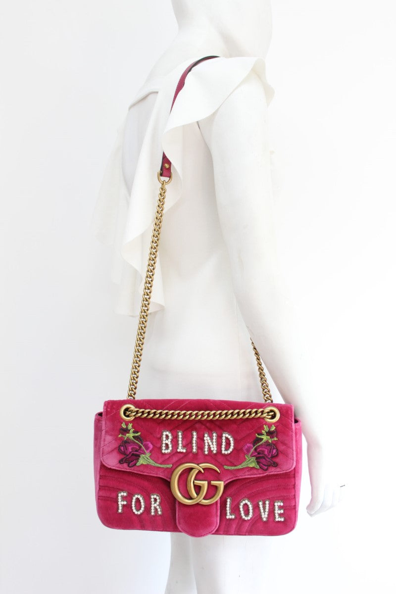 Velvet Matelasse Blind for Love Embroidered Medium GG Marmont Shoulder Bag Pink