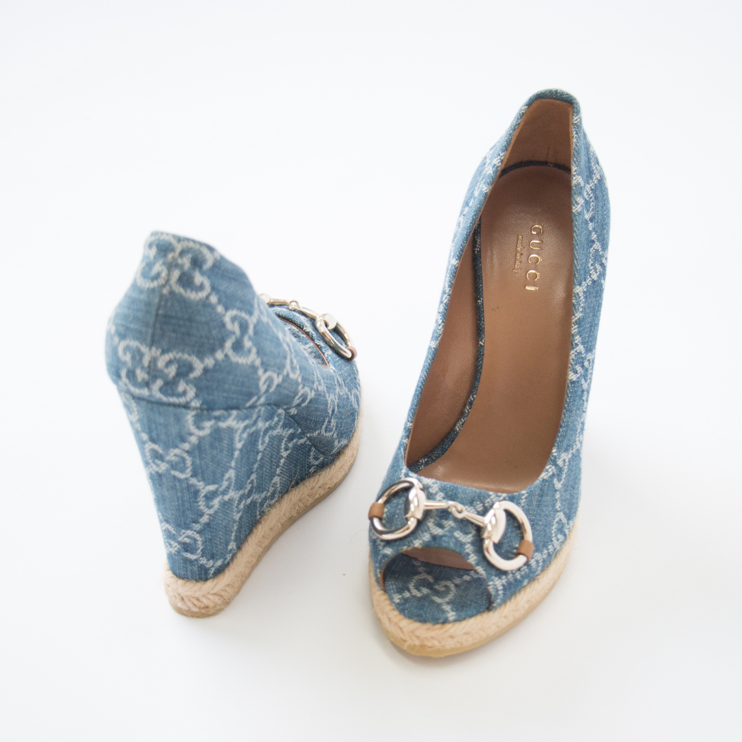 Gucci Denim Espadrille Blue GG Monogram Canvas Pumps Wedges
