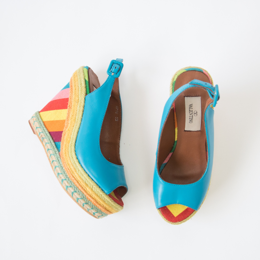 Valentino Blue Leather Peep Toe Slingback Rainbow Wedge Sandals